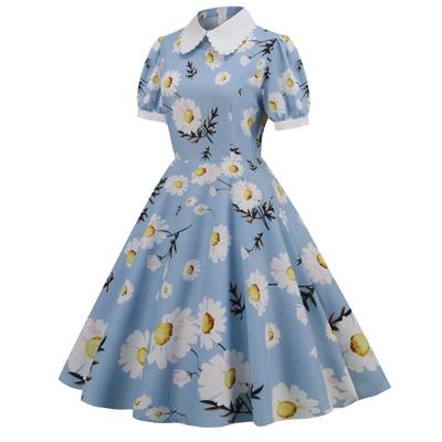 Women's Clothing Supply Summer Blue Bundle Neck Doll Collar Short Sleeve Retro Medium and Long Dress Printed Dress