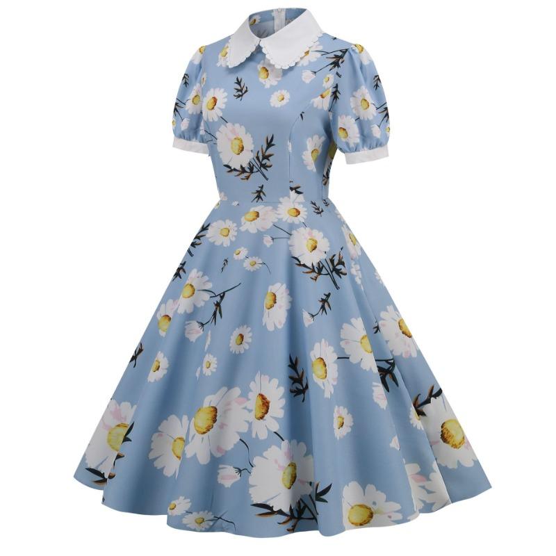 Women's Clothing Supply Summer Blue Bundle Neck Doll Collar Short Sleeve Retro Medium and Long Dress Printed Dress
