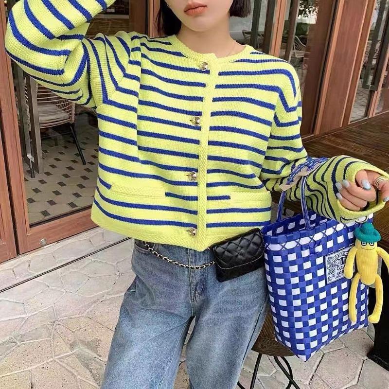 

Модный повседневный полосатый вязаный кардиган свитер куртки женские осенние с круглым вырезом свободные верхние короткие пальто с длинным рукавом элегантные кардиганы одежда 2239 One Size зелёный