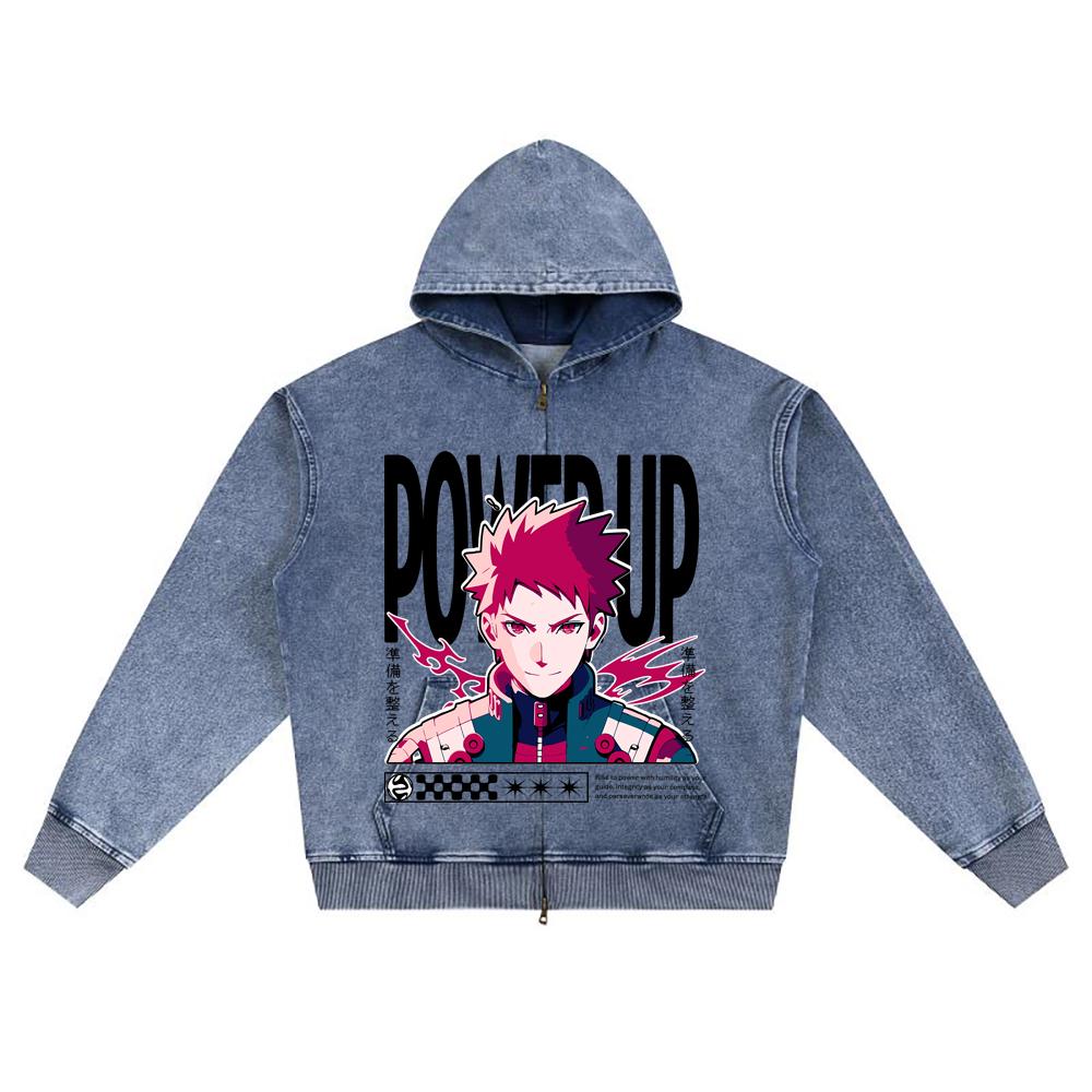 DTG Print Knitted Denim Zip-Up Hoodie Power Up Anime Brother Print Zipper Hoodies