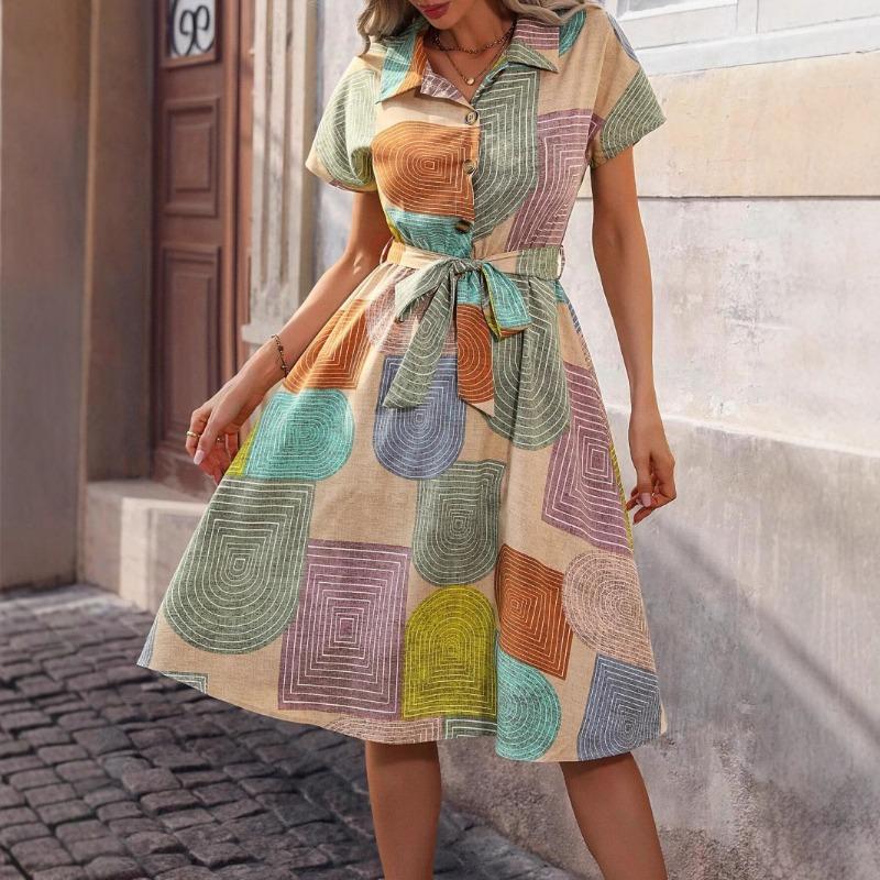 Women Geometric Print Shirt Dress Collared Short Sleeve Belted Casual A Line Summer Daily Midi Dress