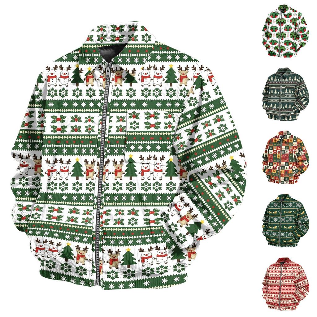 Men's Casual Corduroy Work Jacket with Pockets, Zip-Up Long Sleeve Coat, Christmas Print