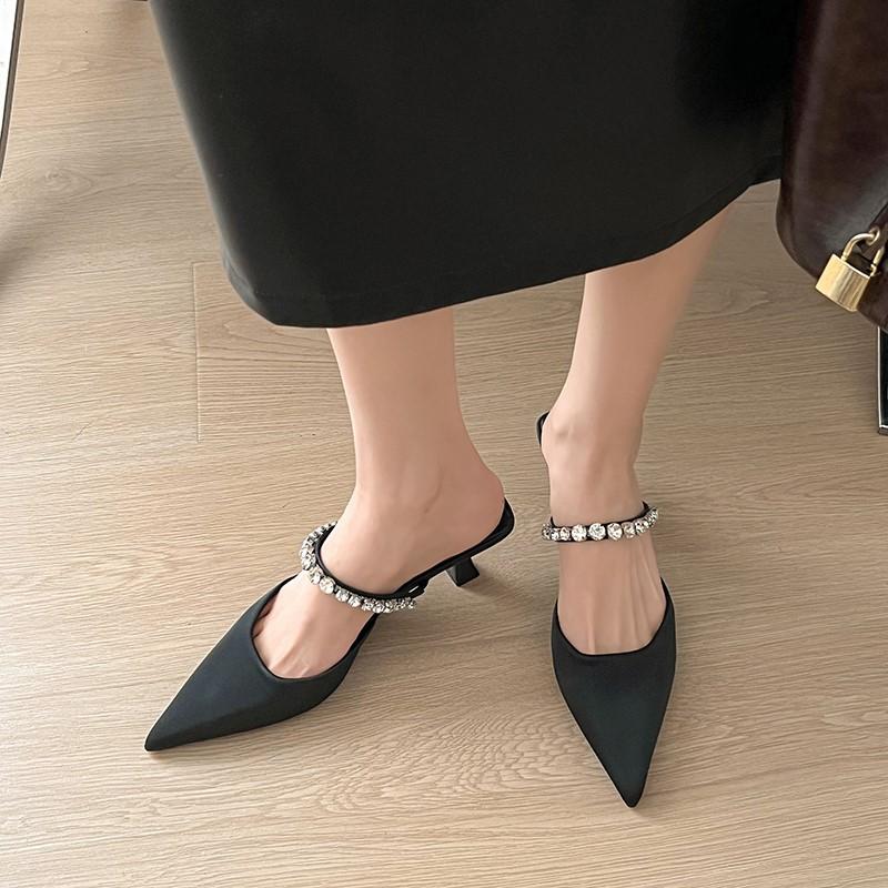 Fashion 2025 Bling Rhinestone Sandals Women Belt Mule Slides Woman Elegant Pointed Toe Heel Slippers Ladies Luxury Evening Party Shoes