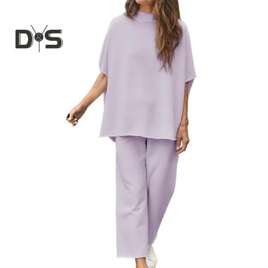 2 ks/sada Dámske Top nohavice Súprava Polovysoký golier Blúzka so širokými nohavicami Elastický pás Nohavice s vreckami Voľný outfit na voľný čas