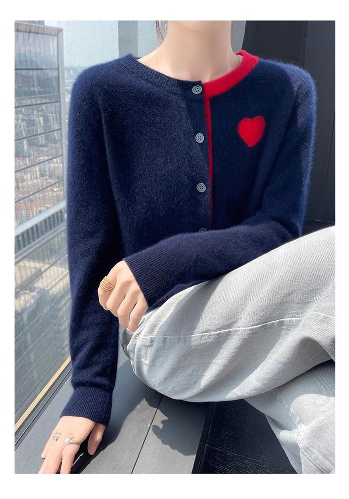 Women's Cashmere Cardigan: Color Block, Round Neck, Sweetheart Embroidery, Loose Fit Sweater.