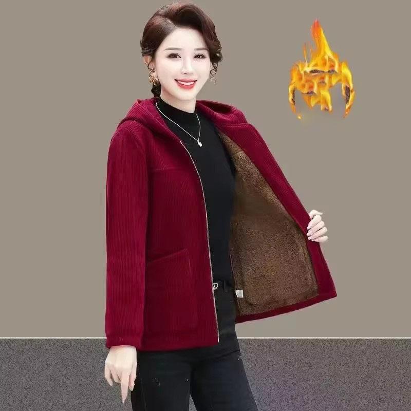 

Женское зимнее пальто, женская вельветовая куртка для мам, теплая бархатная верхняя одежда с капюшоном, женская повседневная блузка большого размера Joker S вино красного