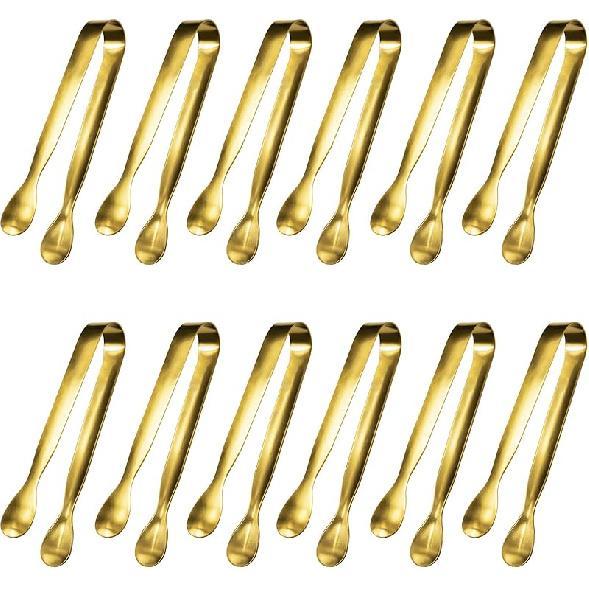 JCREN 12 Pcs Serving Tongs, Small Serving Utensils for Parties Catering Gold Tongs, Food-Grade 304 Stainless Steel Mini Appetizer Tongs for Tea Party