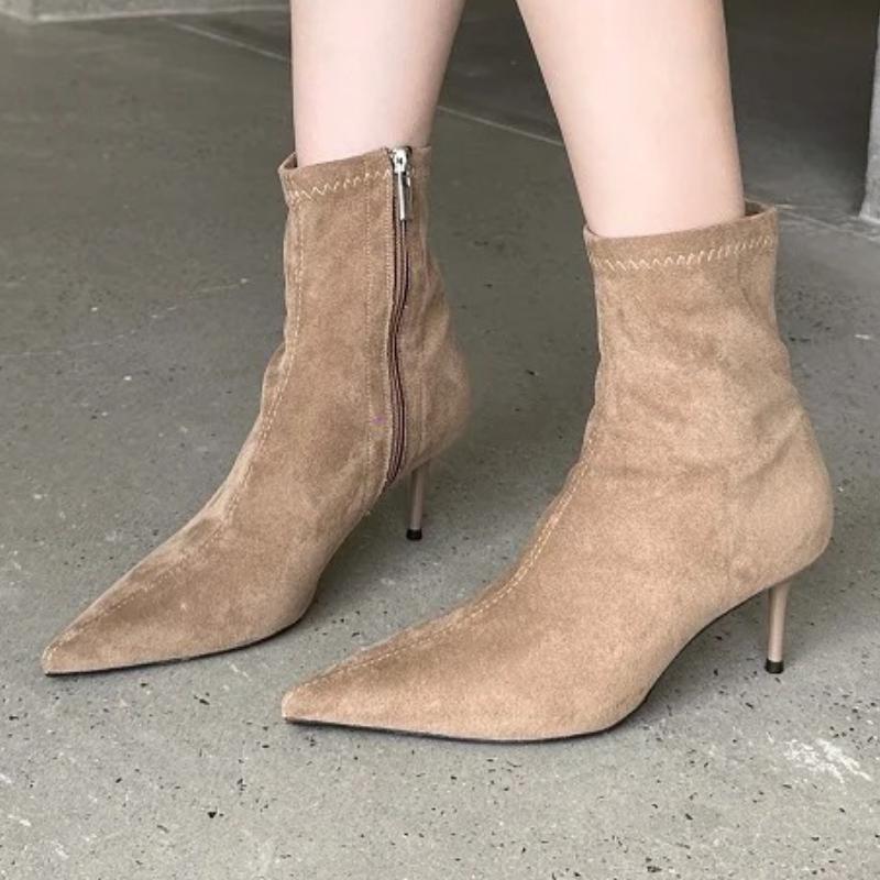 Fashion Elegant Thin-Heel Pointed-Toe Ankle Boots for Women Fashion Spring/Fall Side-Zip Faux Suede Boots Sexy Comfortable Modern Boots