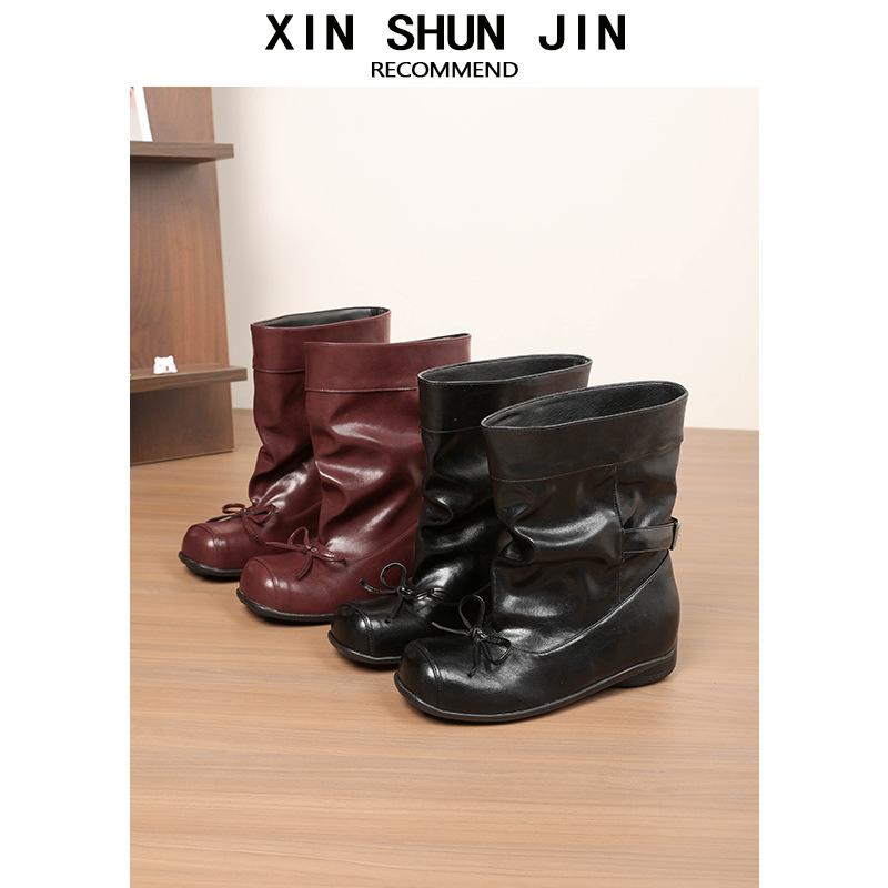 Square Head Retro Bow Thick-Soled Ballet Short Boots Slim Big Tube Circumferential Straight Western Cowboy Boots Sleeve Medium Tube