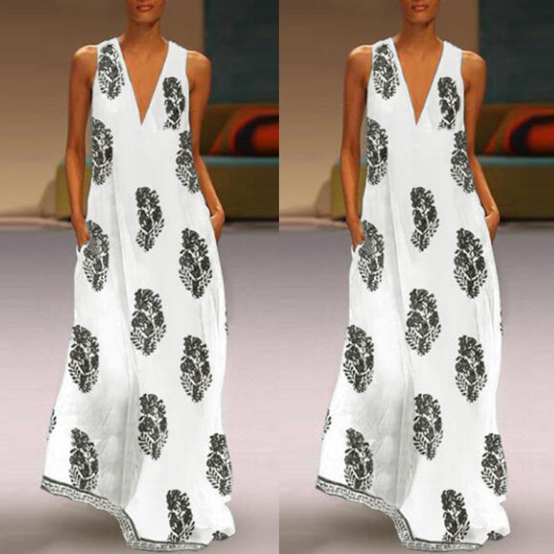 2019 Sleeveless Leaf Dress Printed Vintage Evening Beach Dress Loose Waist