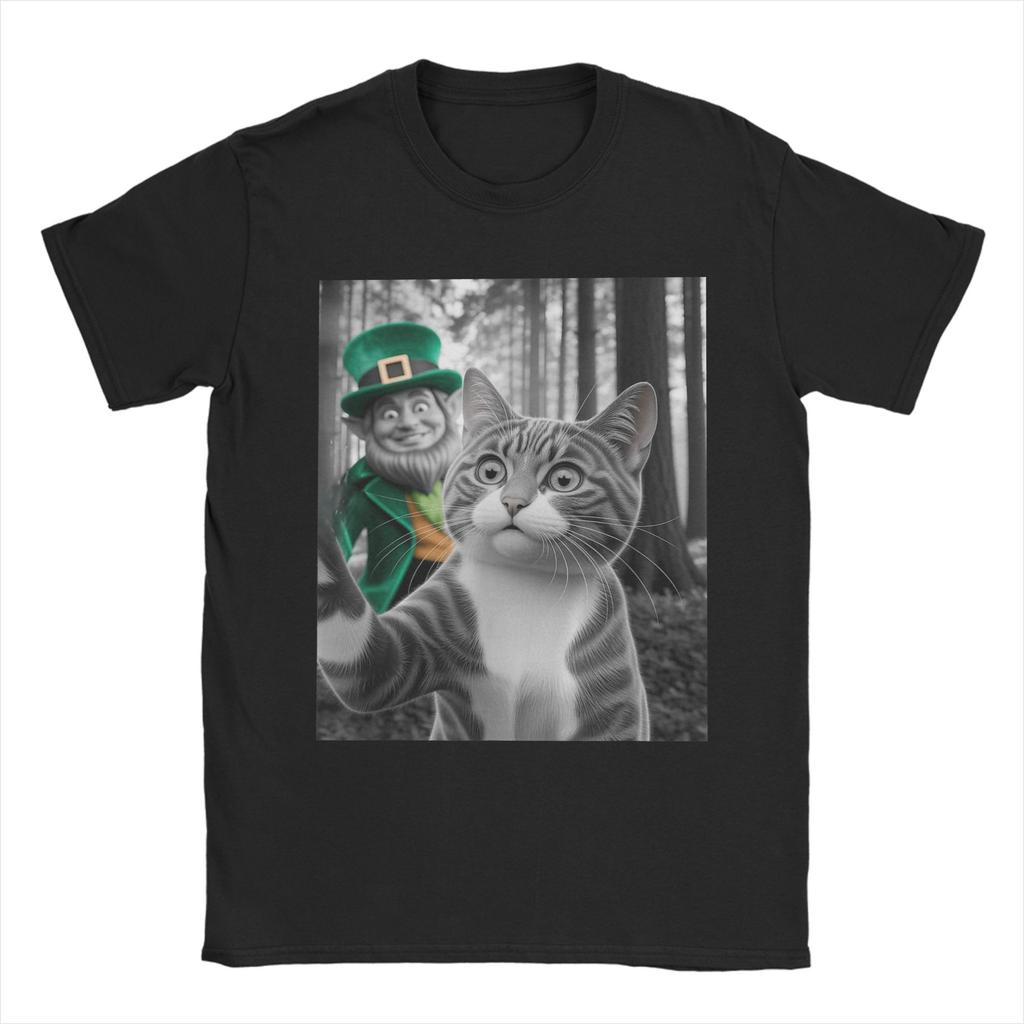 St Patricks Day Cat Selfie with Leprechaun Funny Photo T Shirt Beach Cotton T Shirts For Unisex Harajuku Casual Tee Shirt