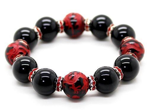 

[Seki-Kira] Red Dragon! 18mm Red Dragon Onyx Prayer Bead Bracelet with a Beautiful Shining Jet Black Power Stone [b118]