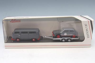 Schuco 1/87 Volkswagen T2 Bus with Trailer & Volkswagen Golf I GTI