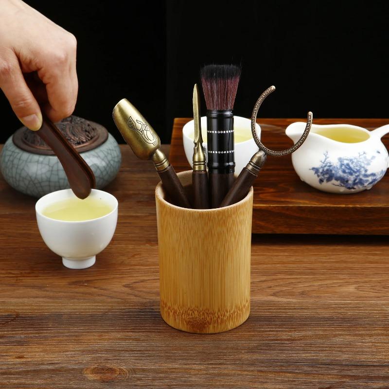 Black Sandalwood Tea Ceremony Six Gentlemen Set with Bamboo Wood Tools Includes Spoon Tongs Needle Brush Complete Accessories