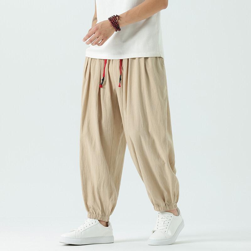 Spring Summer Men's Hemp Pants Loose Drawstring Lantern Pants Haren Pants Japanese Casual Pants