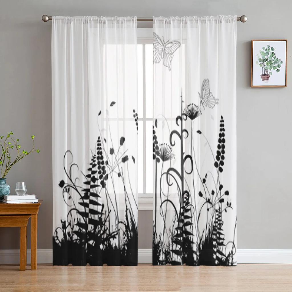 Florale abstrakte schwarz-weiße Tüllvorhänge für Wohnzimmer, durchsichtiger Vorhang, Schlafzimmer, Schleier, Organza, dekorative Fensterdekorationen