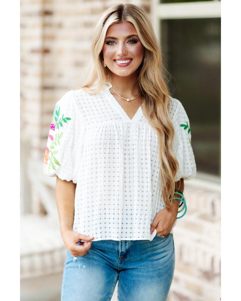 Azura Exchange White Floral Embroidered Puff Sleeve Notched Neck Blouse