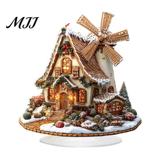 Waterproof Acrylic Holiday Crafts Gingerbread Log Cabin Ornament, 2D Table Decoration, Standing Christmas Ornaments Double Sided for Home Party
