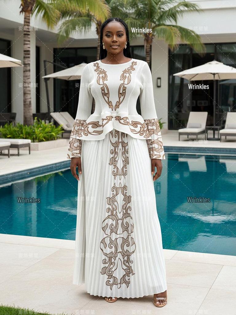 Elegant 2026 Pleated Print Slimming Suit: Plus-Size Waist-Cinched Two-Piece Dress Set