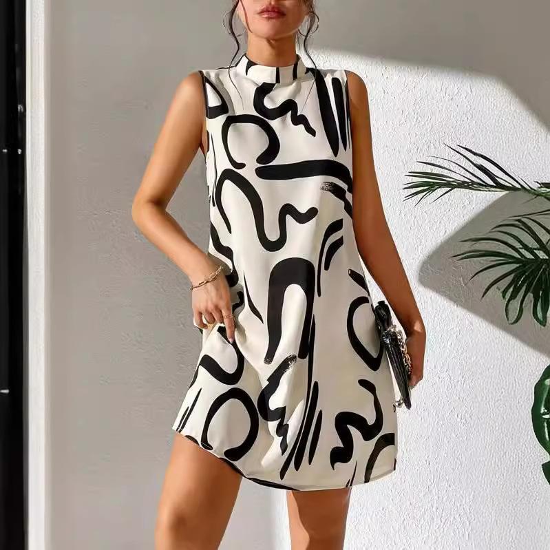 Women's High Neck Sleeveless Abstract Print Loose Fit Mid Waist Casual Mini Dress A Line Dress