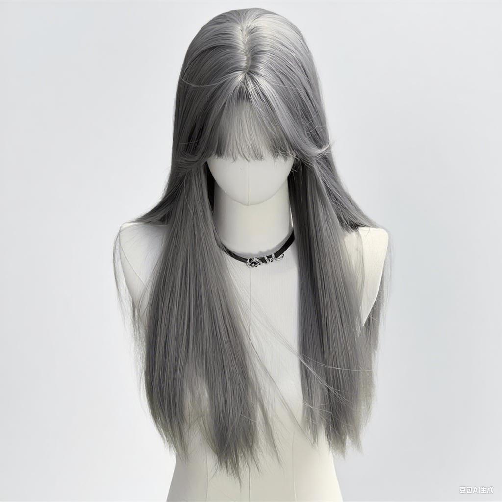 New Silver Gray Long Straight Hair Chemical Fiber Synthetic Wig Neat Bangs Matte Long Straight Hair Wig Women's Universal Wig