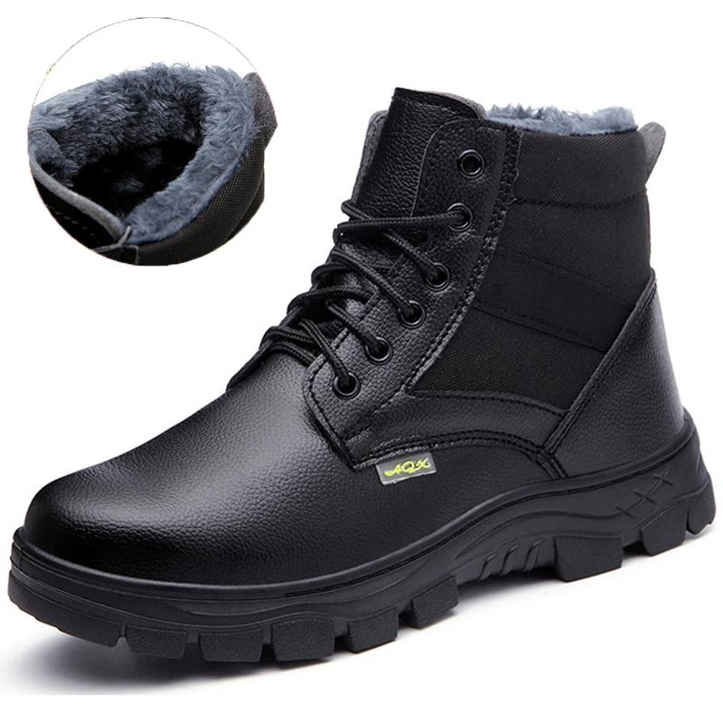 Pánská pracovní bezpečnostní obuv Kožené boty Plyšové teplé zimní boty Ochranné boty odolné proti propíchnutí Pracovní boty Obuv s ocelovou špičkou Vodotěsné