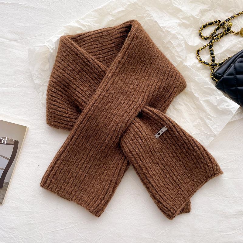 Simple knitted small scarf containing wool, women's autumn and winter age reduction versatile solid color warm cross wool scarf