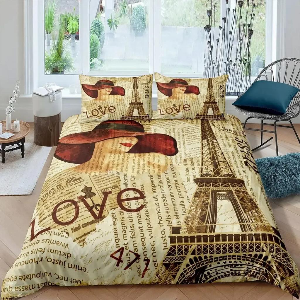 Eiffel Tower Paris France Old Newspaper Style 3D Duvet Cover Bedding Set Comforter Linen Pillowcases Home Decor Single Double