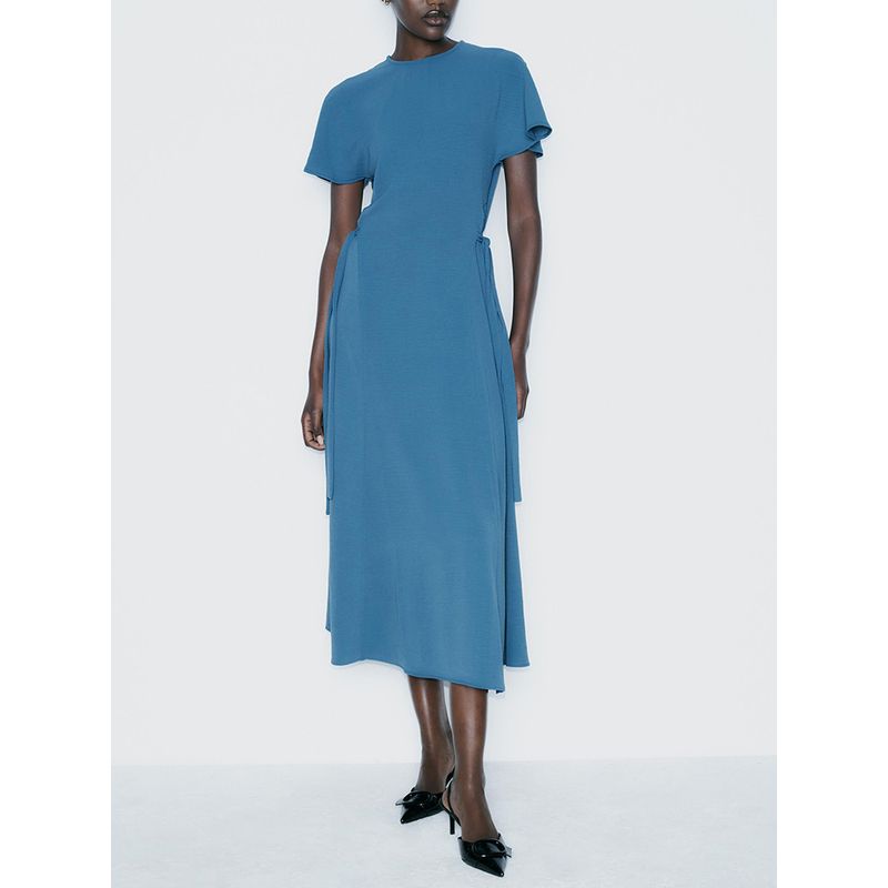Za2024 Fall New Women's Clothing Casual Elegant Vertical Short Sleeve round-Neck Long Midi Skirt Dress 0264670