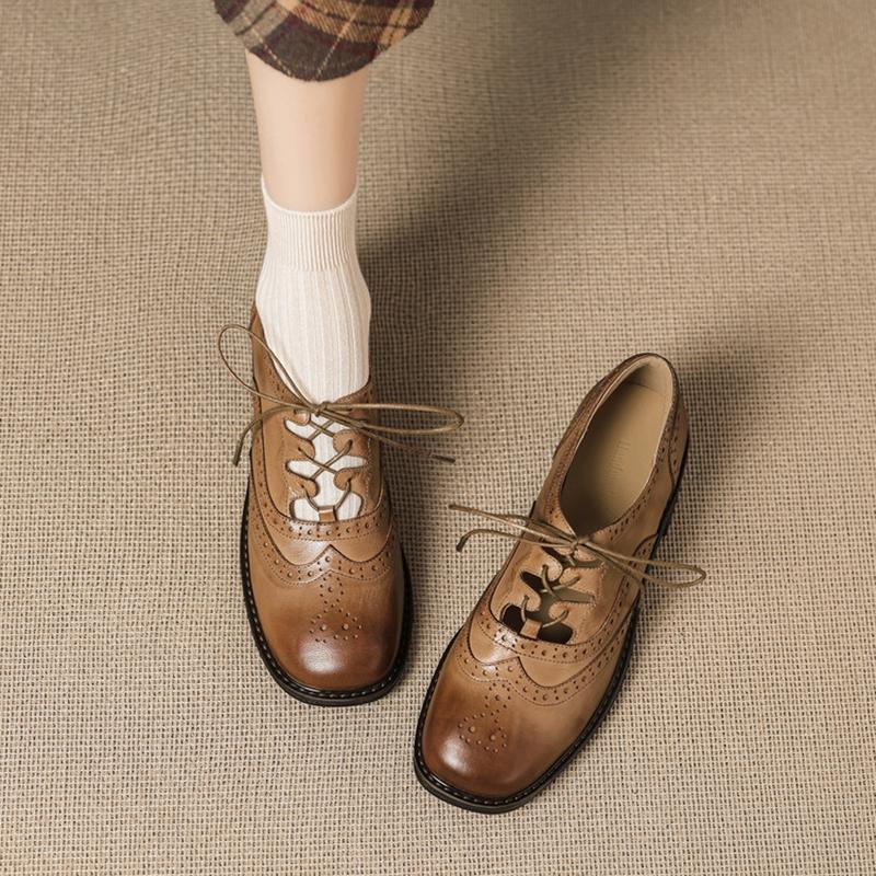 Fashion NEW Autumn/Spring Women Pumps Genuine Leather Shoes for Women Square Toe Chunky Heel Shoes Lace-up Hollow Brogues Daily Shoes