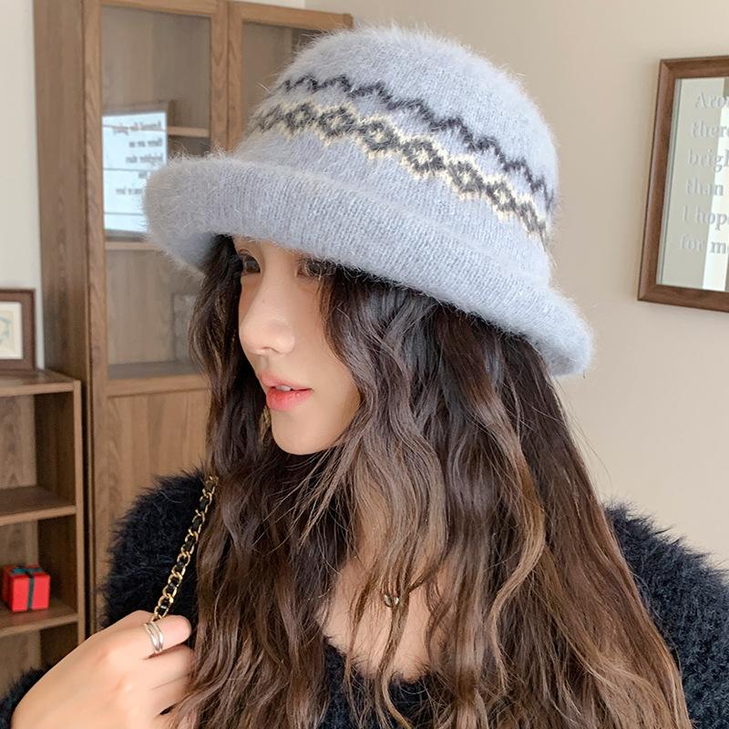 Fair Isle Style Knitted Basin Hat for Women in Autumn and Winter Warm Rolled Edge Fisherman Hat Outdoor Face Showing Small Travel Fashion Hat