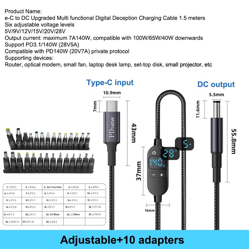 New USB C To DC Power Boost Cable Adjustable Voltage Adapter Connector Cord For Laptop Router PD140W /5V/9V/12V/15V/20V/28V