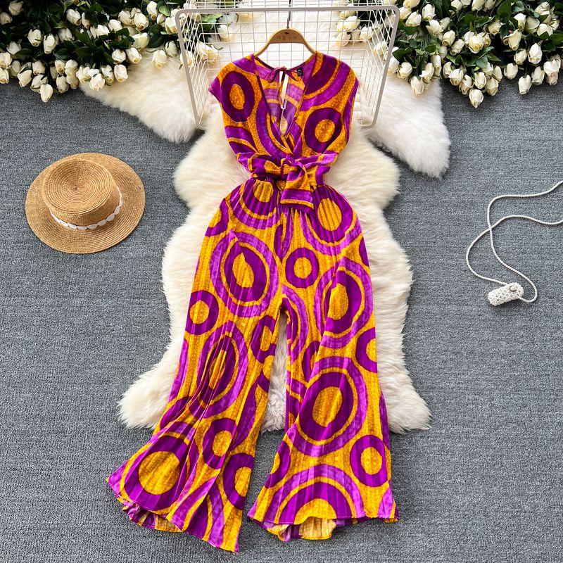 Holiday Ins Wear Women's Fashion Fancy Sleeveless V-neck Lace Up Waist Trimming Printing Loose Wide Leg Pleated Jumpsuit