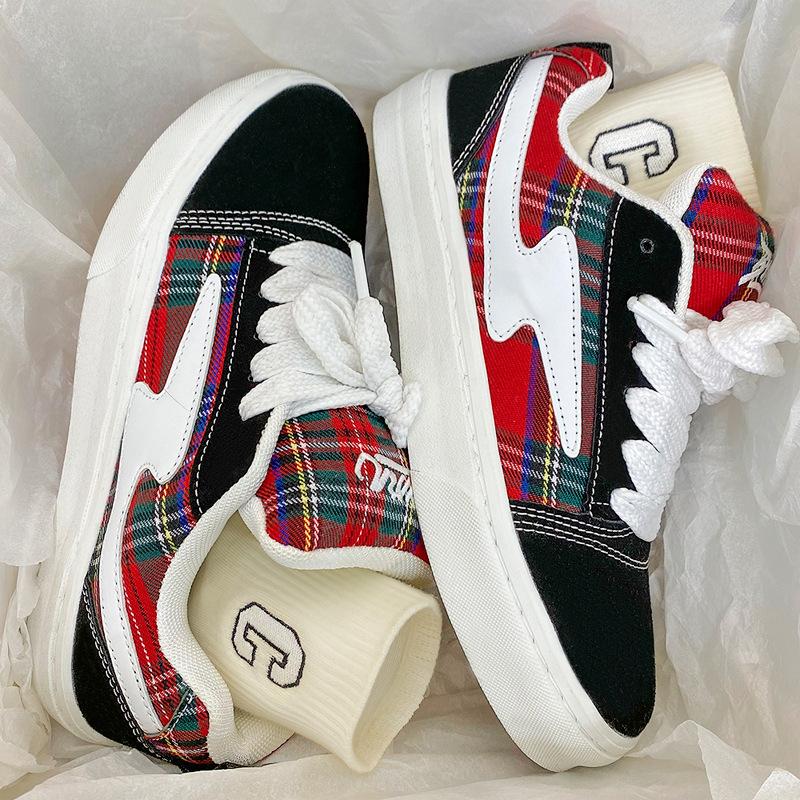22 spring and summer new board shoes sneakers couple style niche Scottish plaid retro style 35