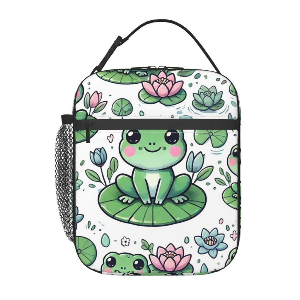 Sac à lunch isotherme motif grenouille mignonne de dessin animé sur feuilles de lotus pour femmes enfants Boîtes alimentaires portables Boîte à lunch thermique Sac fourre-tout