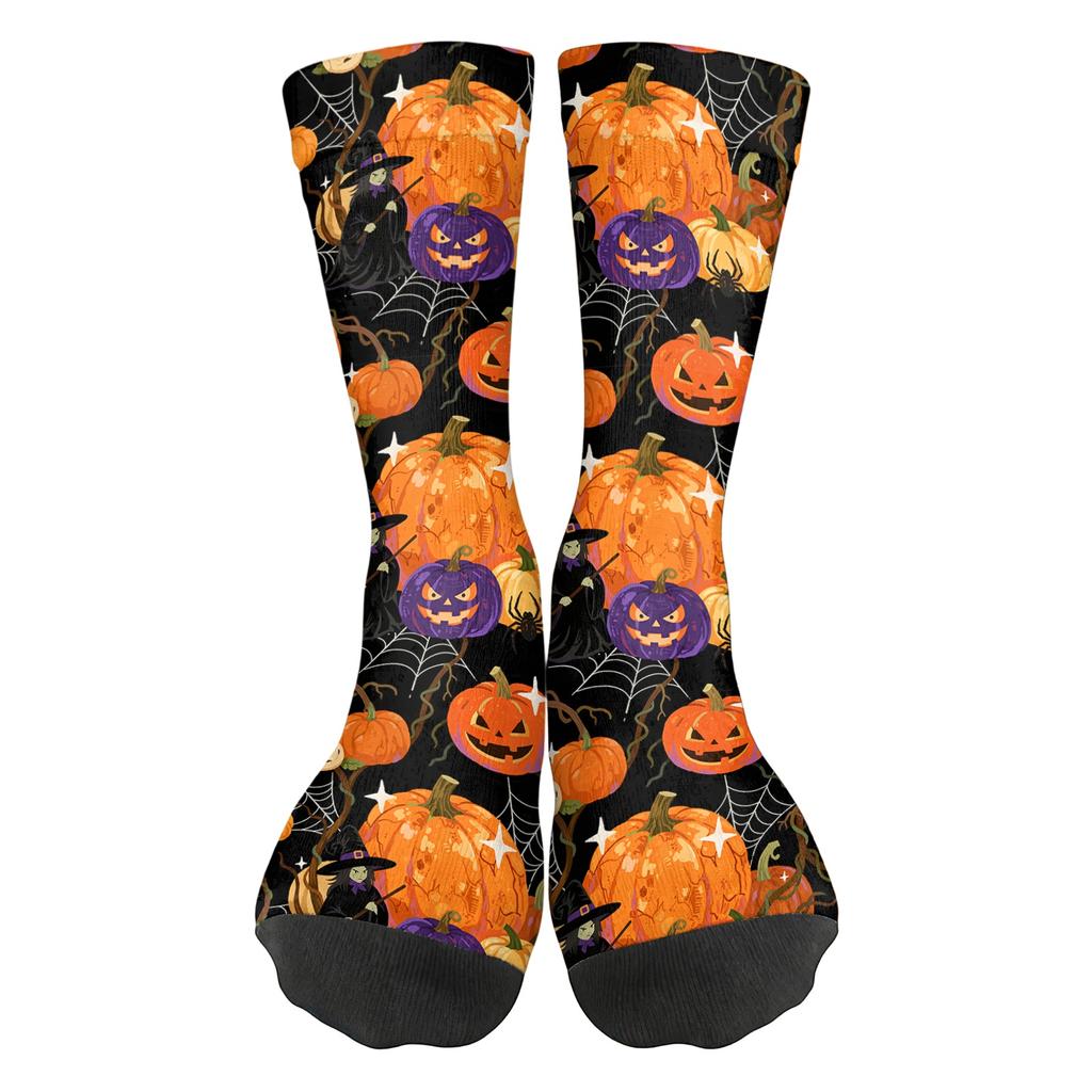 Unisex Breathable Mid-Calf Socks Halloween Patterned Comfortable Stretch Crew Socks Suitable for Daily Wear and Seasonal Use