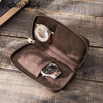 CONTACT'S FAMILY Dubbele horlogekast tas houder Vintage Echt leer Rits Reis horloge display Opbergdoos Case Pouch Organizer