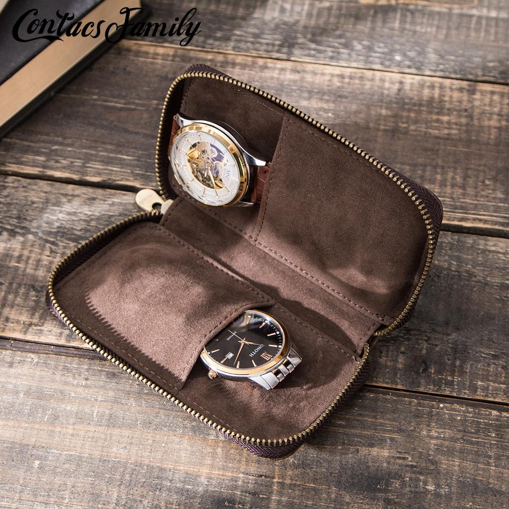 CONTACT'S FAMILY Custodia per borsa doppia per orologio Custodia vintage in vera pelle con cerniera per orologio da viaggio Scatola portaoggetti per custodia Organizzatore