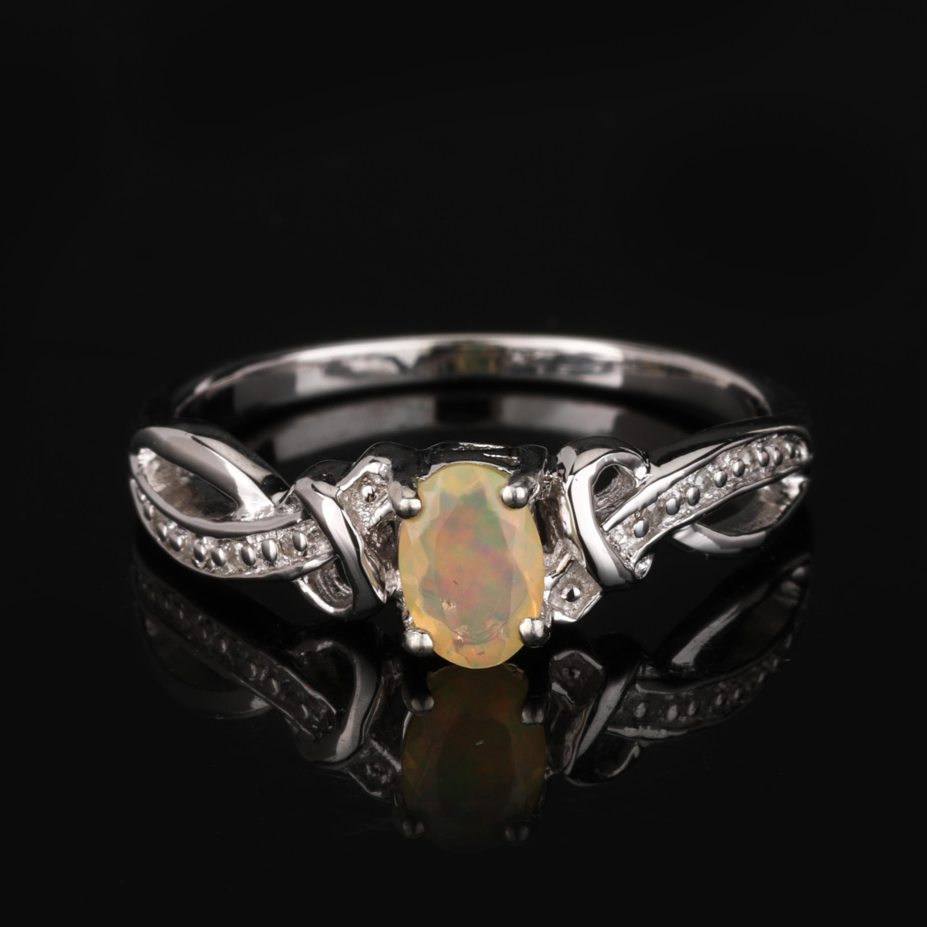 

Oval Ethiopian Opal Diamond Ring, Sterling Silver Faceted Fine Jewelry 8 срібний