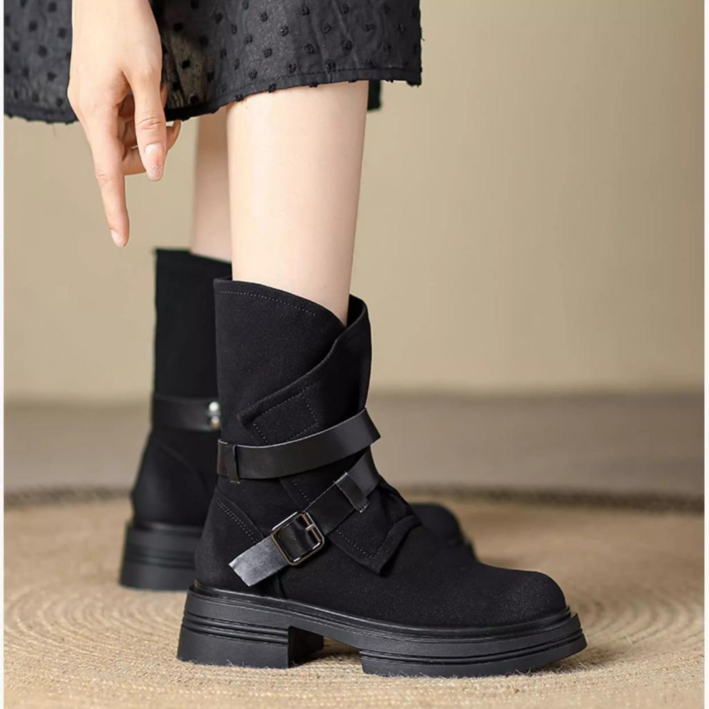 Short Boots 2025 Autumn and Winter New Leather Retro Platform Brown Western Cowboy Boots Medium Boots Retro Women's Martin Boots