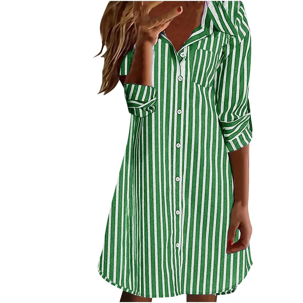 Ladies' Fashionable Striped Lapel Casual Long Sleeved Loose And Comfortable Button Up Dress