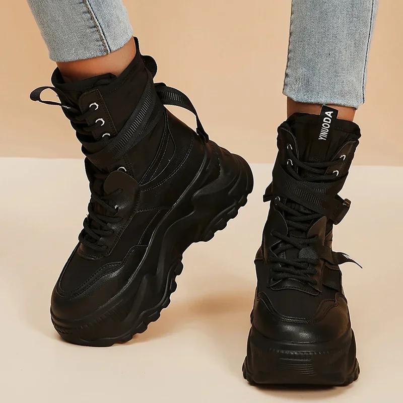 White Chunky Platform Motorcycle Boots Women Buckle Lace Up Thick Bottom Ankle Boots Woman 2025 Autumn Fashion Vulcanized Shoes