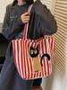 Korean Striped Cartoon Chenille Embroidery Canvas Bag - Large Capacity Cute Girl's Trendy Tote
