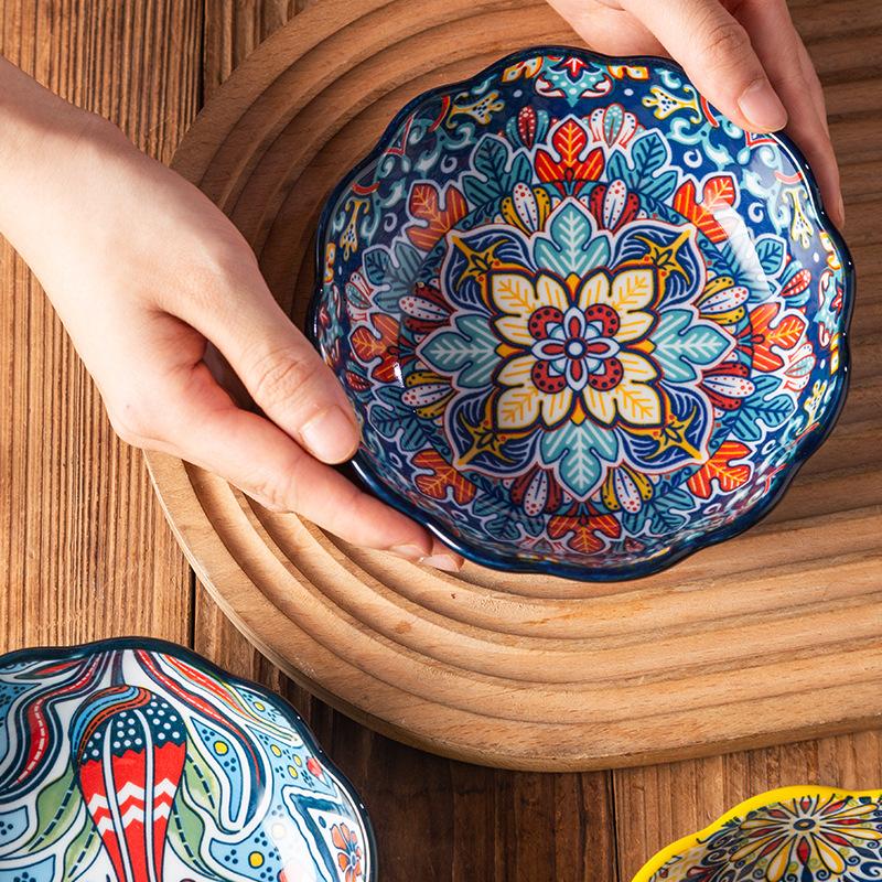 Bohemian Ceramic Rice Bowl Value Fruit Salad Bowl Creative Retro Household Noodle Eating Rice Small Bowl Kitchen Tableware New