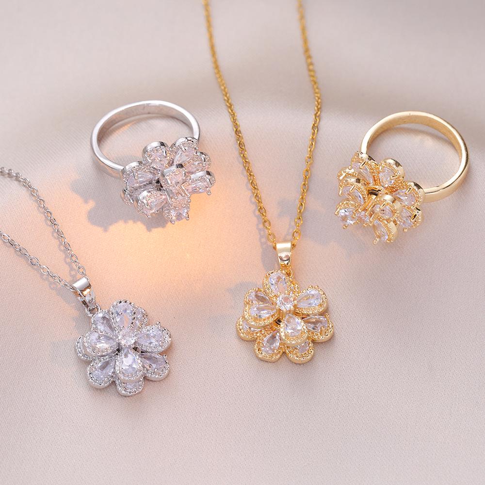 

Women s Fashionable Rotatable Double-Layer Zircon Flower Necklace & Ring Set, Japanese-Korean Style, Titanium Steel