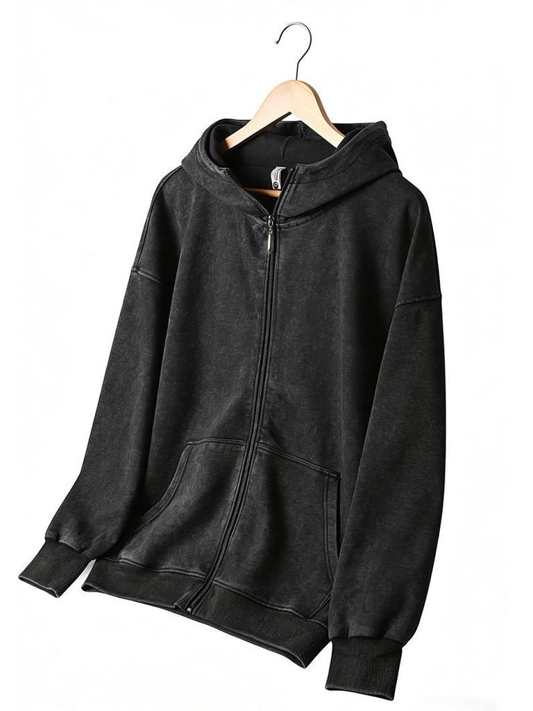 European Style 350g Cotton Hooded Distressed Zip-Up Cardigan - Unisex Trendy Jacket