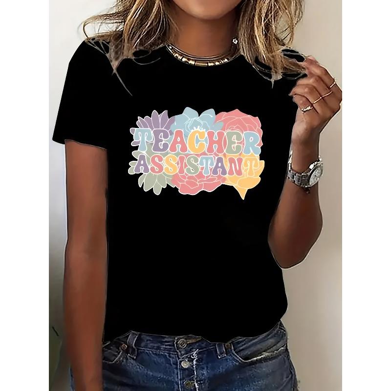 

Y2K Vibrant Teaching Assistant Letter Print Women Short Sleeve Crew Neck Casual Top S чёрный