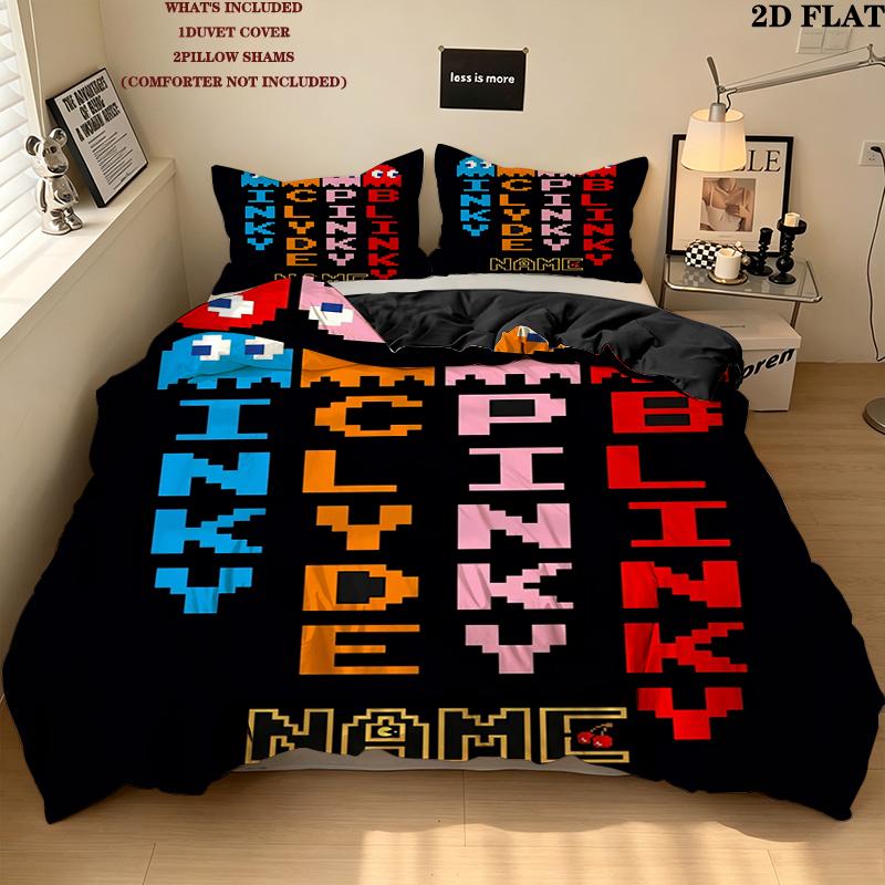 Custom Name,Pac Man Pattern Bedding Home Decoration Birthday Gift ( 1 Duvet Cover + 2 Pillowcase, Without Core),fan Merchandise.