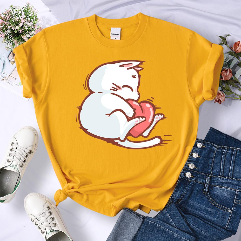 Embrace The Red Heart White Cat Summer 3D Printing Women T-Shirt Hip Hop Soft T Shirts All-Match Y2K Clothing O-Neck Casual Streetwear