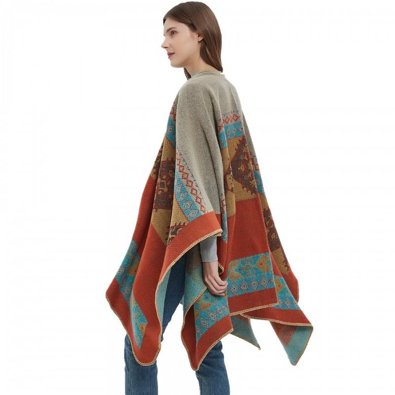 Oversized Knit Shawl With Jacquard Warm Fleece-Like Wrap Women Winter Streetwear